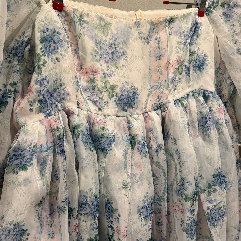 Selkie La Belle Etoile French Puff Sleeve Mini Dress in Soft Blue White Sheer - Picture 7 of 16